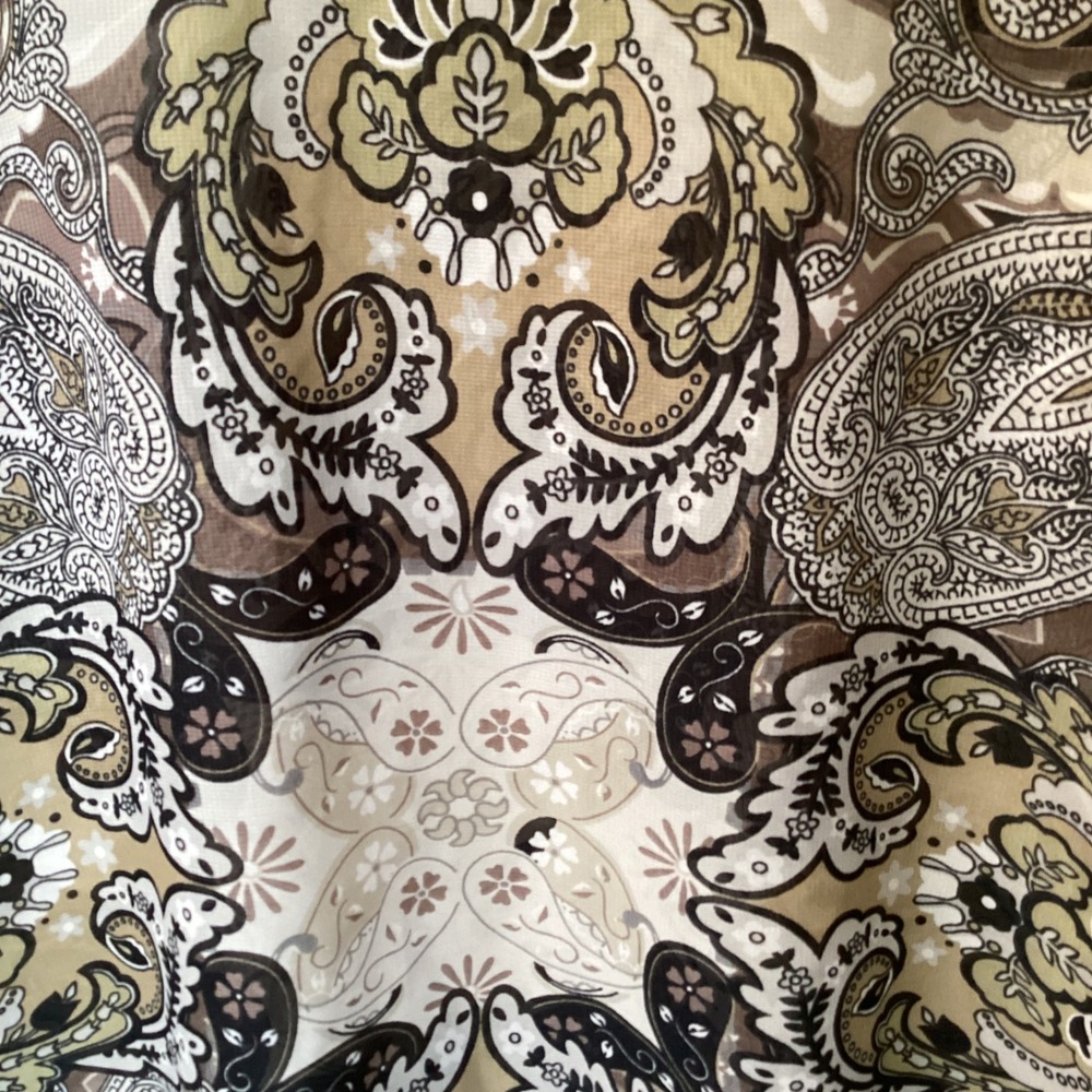 One World Paisley Chiffon Blouse Crochet Lace Shoulder Boho Top Brown Cream PM - Picture 3 of 10